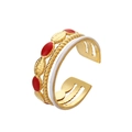 Three-layer adjustable gold ring with red and white enamel oval details and twisted chain - Triple Layer Red White Enamel Twist (J523-1)