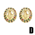 Golden round Saint Mary earrings with colorful zircon stones and religious relief - Style D (Colorful Gemstone Religious Saint)