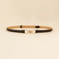 Slim black leather belt for women featuring a minimalist golden metal buckle and beige lining - Interlocking Buckle (19248) / Black