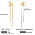 Detailed dimensions of gold stainless steel hummingbird tassel earrings with size annotations - Gold Hummingbird Tassel Style (JDE2409011)