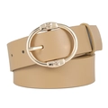 Beige leather belt for women featuring a large oval gold buckle with butterfly accents - 106*3.3cm / Khaki+Gold Buckle