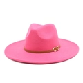 Detail of pink wide-brim fedora hat with brown leather band and gold buckle accent - M (56-58cm) / Rose Red