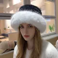 Chic black and white plush bear beanie hat with warm faux mink fur trim for winter - Wind Blows Summer-Black White