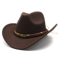 Close-up of brown wool cowboy hat featuring a braided band and metal skull ornament - M (56-58cm) / Coffee