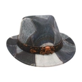 Chapeau de jazz vintage en patchwork de denim avec un ornement de crâne en métal sur ruban - Taille Enfants / Crâne en Denim / Haut en Cœur / Noir