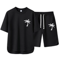 Zomerse heren casual zwart trainingspak met witte palmboomprint T-shirt en korte broek - M / Zwart