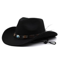 Sombrero vaquero clásico de fieltro de lana negro con cinturón de cuero y turquesa - M (56-58cm) / Negro