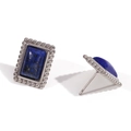 Vintage style rectangular blue lapis stone stud earrings with silver beaded edges - Lace Geometric Rectangle Natural Stone Studs - Steel Lapis Lazuli
