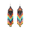 Handmade multi-colored seed bead long fringe tassel earrings in ethnic bohemian style - Black Multicolor