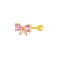 Detailed close-up of golden butterfly ear stud with pink heart zircon and screw ball back - Pink Marquise Zirconia Butterfly Style (24081301-7)