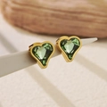 Elegant heart-shaped crystal stud earrings in olive green with a gold plated border - Olive Green Heart Stud Earrings (BD511-green)