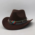 Deep brown faux suede cowboy hat with colorful ethnic beads and turquoise stone details - One Size (56-60cm) / Coffee