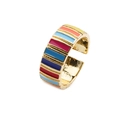 Chic gold-plated adjustable open ring featuring vibrant colorful rainbow enamel stripes - Adjustable Open / Horizontal Rainbow Stripe (CR0506CX)