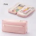 Pink telescopic canvas pencil case with basic embroidery and multi-layer storage - Pink Cream Brick