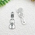 Antique silver violin pendant charm with detailed f-holes and textured back for DIY jewelry - Music Guitar (8x20mm)