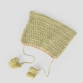Detail of hand-crocheted striped beanie with cat ears and tassels in green and beige - Green