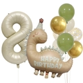 Detail of dinosaur balloon and khaki number 8 for birthday party decoration set - Number 8 Style