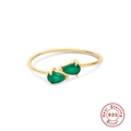 Luxurious S925 silver open ring with dual pear-cut green stones in gold finish - Double Pear Green Zirconia Style