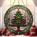 Close-up of stained glass style acrylic Christmas tree ornament with golden hanging cord - 15x15cm