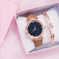 Starry sky dial watch and rhinestone bracelet set in a pink gift box display - Starry Sky Watch + Bracelet + Gift Box Set / Brown