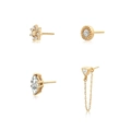 Golden earrings set featuring star clusters, disk patterns, and clear crystals - Gold Star Flower Geometric Stud Set (#38)