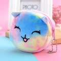 Mini plush cat coin purse with colorful tie-dye fur and embroidered face on chain - Rabbit
