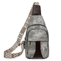 Grey textured fabric crossbody chest bag with brown leather trim and woven strap - Gray
