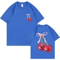 T-shirt blu in cotone con stampa di ciliegie e fiocchi rosa fronte e retro - S / Blu Reale