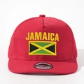 Detailed embroidery of yellow JAMAICA text and national flag on red mesh trucker hat - Red