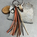Western bull head leather keychain with bohemian animal print fringes and metal clasp - Tiger Stripe Print