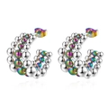 Macro view of C-shaped silver earrings with iridescent gradient metal beads and fringe detail - Multi-color Silver