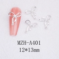 Detailed view of silver alloy bowknot nail art charm with faux pearl inlay and 12x13mm size - Silver Base With White Pearl (A401)