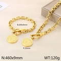 Gold stainless steel T-bar jewelry set with St. Benedict medal coin charms - Saint Benedict Style D (KS194124-Z)