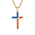 Golden stainless steel cross pendant necklace featuring American flag design on white background - Enamel Filling / Gold