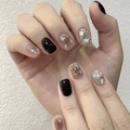 Uñas postizas artesanales negras con diseño de estrellas y pedrería plateada - Corazón Negro / Extra Pequeño (XS)