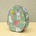Teal egg-shaped Easter tin featuring a bunny and floral pattern for gift candy storage - Style G