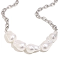 Collar de perlas barrocas con cadena plateada gruesa y cinco perlas naturales - Perla Barroca Cadena O / Color Acero