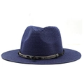 Detail of dark blue straw fedora with metallic feather band on white background - Navy Blue