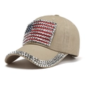 Gorra de béisbol caqui con bandera de EE. UU. en pedrería y visera decorada - Caqui