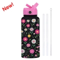 Borraccia sportiva 1L in acciaio nero con fiori, tappo rosa e kit cannuccia pulizia - Nero 9Y