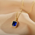 Vintage style gold titanium steel necklace with square blue zircon pendant - Sapphire Blue