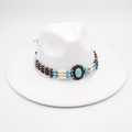 Detail of white wide brim wool fedora with bohemian turquoise beaded ethnic hat band - One Size / White (White 9.5cm [Bead Band])