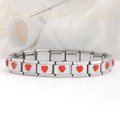 Detail shot of Italian modular stainless steel bracelet with red enamel hearts links - Heart Red Gem (18 Links)