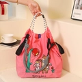 Vibrant pink Ball Chain embroidered tote bag with cute animal motifs and woven strap - Pink Rabbit and Bear (Without Strap)