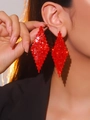 Elegant long red rhinestone tassel earrings with geometric diamond shape for women - Red Rhombus Full Rhinestone Earrings