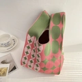 Pink and green geometric knit tote bag displayed with a coffee cup on a table - Pink And Green Polka Dots