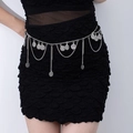 Ethnic silver coin waist chain with butterfly flower tassels on model's black dress - Coin Tassel Style 5 / Antique Silver / 7.0