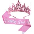Pink Birthday Girl glitter sash and rhinestone tiara crown set for birthday celebrations - Plated Pink (Girl)