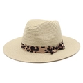 Straw Panama fedora hat for summer with elegant leopard print ribbon and bow detail - M (56-58cm) / Beige