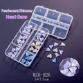 Close-up of heart-shaped glitter nail art rhinestones in a 6-grid organizer box - Blue Silver Heart Style (H26)